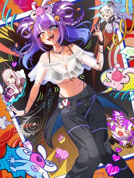 3girls ahoge antenna_hair arthropod_girl bikini bikini_under_clothes black_bikini black_jacket black_pants breasts cleavage clothes_around_waist cockroach_girl commentary dress english_commentary fang hair_ornament hairpin heart heart_tattoo henya_the_genius henya_the_genius_(1st_costume) highleg highleg_bikini highres jacket jacket_around_waist jared_(michi_mochievee) large_breasts long_hair looking_at_viewer matara_kan matara_kan_(casual) michi_mochievee michi_mochievee_(summer) monster_girl multicolored_hair multiple_girls nail_polish navel one_eye_closed open_mouth pants patchwork_skin purple_dress purple_hair purple_jacket purple_nails purple_sweater shoulder_tattoo streaked_hair sweater swimsuit tattoo teeth two_side_up upper_teeth_only virtual_youtuber vshojo white_hair yellow_eyes yuarima2