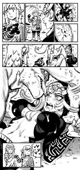 2boys 2girls afterimage archaic_set_(zelda) blush breasts comic fist_bump greyscale highres in-franchise_crossover ireading large_breasts licking link midna midna_(true) monochrome multiple_boys multiple_girls nintendo pinned princess_zelda saliva the_legend_of_zelda the_legend_of_zelda:_tears_of_the_kingdom the_legend_of_zelda:_twilight_princess wolf wolf_link