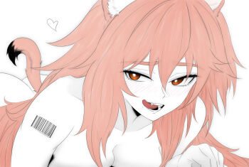 1girl animal_ear_fluff animal_ears arknights barcode barcode_tattoo blush breasts bright_pupils cleavage dokonjou_(odossan) fangs gravel_(arknights) hair_between_eyes heart highres licking_lips long_hair looking_at_viewer medium_breasts mouse_ears mouse_girl nude open_mouth pink_hair red_eyes shoulder_tattoo simple_background solo tail tattoo tongue tongue_out white_background