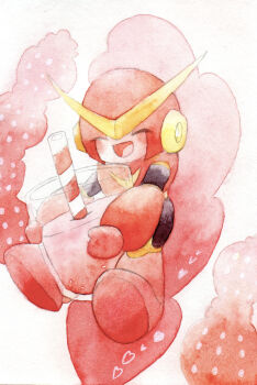 1boy :d blush closed_eyes drink drinking_straw facing_viewer food fruit full_body glass helmet highres lala_(suisai_fantasy) male_focus mega_man_(classic) mega_man_(series) mega_man_2 open_mouth quick_man robot smile solo strawberry white_background