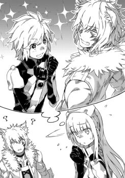 1girl 2boys ? aiz_wallenstein animal_ears armor bell_cranel bete_loga black_choker breastplate choker closed_mouth confused dithering dungeon_ni_deai_wo_motomeru_no_wa_machigatteiru_darou_ka facial_mark fang flying_sweatdrops fur-trimmed_jacket fur_trim gloves greyscale haimura_kiyotaka hairband imagining jacket jealous long_hair looking_at_another metal_hairband monochrome multiple_boys novel_illustration official_art parted_lips pauldrons shirt short_hair shoulder_armor sparkle sparkling_aura sparkling_eyes speech_bubble sweatdrop sword_oratoria third-party_source thought_bubble twirling_hair vambraces wolf_boy wolf_ears