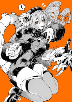 ! 1girl absurdres boots breasts dragon_horns dress full_body gloves hat highres horns large_breasts long_hair magus_(zenless_zone_zero) mechanical_tail monochrome open_mouth orange_background orange_eyes orphie_magnusson pointy_ears simple_background solo sweatdrop tail thighhighs twintails yotsumi_shiro zenless_zone_zero zipper zipper_dress