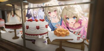 5girls :d absurdres against_glass animal_ear_fluff animal_ears bakery black_bow blonde_hair blue_eyes blue_jacket blue_shirt blush bow braid breasts cake cardigan cleavage commentary display_case dog_ears dog_girl english_commentary food from_inside fruit fuwawa_abyssgard fuwawa_abyssgard_(casual) hair_bow hair_intakes hair_ornament hairclip hand_on_glass highres hololive hololive_english jacket koseki_bijou koseki_bijou_(casual) leaning_forward long_hair medium_breasts mococo_abyssgard mococo_abyssgard_(casual) multiple_girls nerissa_ravencroft open_mouth parallel_hairclips perroccino_(fuwamoco) pink_cardigan purple_eyes shiori_novella shirt shop short_hair siblings sisters smile sowb sparkling_eyes strawberry two_side_up virtual_youtuber white_shirt window window_shopping x_hair_ornament