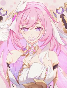 1girl bare_shoulders breasts chinese_commentary commentary_request corset diamond-shaped_pupils diamond_(shape) elf elysia_(herrscher_of_human:_ego)_(honkai_impact) elysia_(honkai_impact) flower flower_in_mouth hair_ornament highres honkai_(series) honkai_impact_3rd large_breasts long_hair looking_at_viewer multicolored_hair navel pink_background pink_hair pointy_ears purple_eyes siro_jun solo symbol-shaped_pupils triquetra two-tone_hair very_long_hair white_corset white_hair