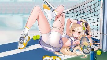 1girl armpits ball benghuai_xueyuan black_bow blonde_hair bow breasts full_body hair_bow highres holding holding_tennis_racket honkai_(series) laniaitte_gordius_de_eumenes long_hair long_sleeves lying midriff official_art on_back panties racket see-through_clothes see-through_shorts shoes shorts single_shoe skirt small_breasts soles solo sportswear tennis tennis_ball tennis_racket tennis_uniform underwear v-shaped_eyebrows white_panties white_shorts white_skirt yellow_eyes