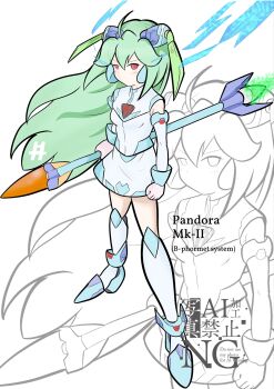 Rule 34 | 1girl, alternate costume, andreasnatsudae, bare shoulders, full body, green hair, highres, holding, holding staff, long hair, mega man (series), mega man zx, model w (mega man), pandora (mega man), red eyes, shirt, solo focus, staff, white shirt, zoom layer