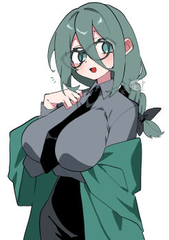 Rule 34 | 1girl, :d, absurdres, black bow, black necktie, black skirt, blush, bow, braid, braided ponytail, breasts, colored eyelashes, commentary request, double-parted bangs, green hair, green jacket, grey shirt, hair between eyes, hair bow, hair intakes, hand on own chest, head tilt, highres, huge breasts, jacket, jacket partially removed, looking at viewer, loose hair strand, loosely tucked bangs, necktie, off shoulder, oimotororo1116, open mouth, original, pencil skirt, shirt, sidelocks, skirt, smile, solo, standing, tareme, unkempt, white background