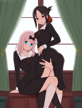 2girls :o afrobull ass black_bow black_dress black_hair black_socks black_thighhighs blue_eyes blunt_bangs blush bow breast_press breasts brown_hair clothes collarbone curtains dress folded_ponytail from_behind fujiwara_chika hair_bow hair_ornament hair_ribbon highres kaguya-sama_wa_kokurasetai_~tensai-tachi_no_renai_zunousen~ kneehighs kneeling long_hair long_sleeves looking_at_viewer multiple_girls open_mouth parted_bangs pink_hair red_eyes red_ribbon ribbon school_uniform shinomiya_kaguya shuuchiin_academy_school_uniform sitting smile socks source_request thighhighs white_socks window