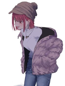 1girl beanie breasts cowboy_shot denim down_jacket earrings fang from_side hair_behind_ear hand_in_pocket hat heart heart_earrings heart_necklace heterochromia highres hololive jacket jeans jewelry leaning_forward necklace open_mouth pants pom_pom_(clothes) pom_pom_beanie red_eyes ribbon_earrings shino_12a shirt short_hair sidelocks simple_background skin_fang solo standing turtleneck white_background white_shirt winter_clothes yellow_eyes