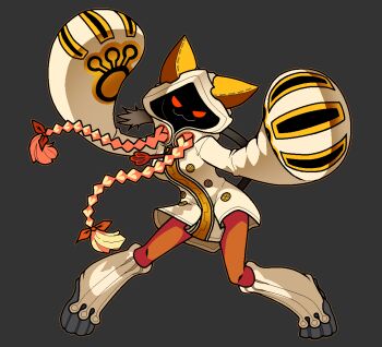 Rule 34 | 1girl, :3, acenth, animal ears, animal hood, blazblue, blonde hair, braid, cat ears, cat hood, cat tail, dark-skinned female, dark skin, evil smile, full body, grey hoodie, grey tail, hood, hoodie, leg warmers, long hair, looking at viewer, red eyes, simple background, smile, solo, tail, tan, taokaka, twin braids