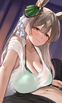 1boy 1girl animal_ears bad_source belt black_shirt blush bra bra_visible_through_clothes breasts brown_eyes brown_hair cleavage double-parted_bangs gaze_on_me!_outfit_(umamusume) green_bra highres horse_ears horse_girl large_breasts long_hair pov satono_diamond_(umamusume) see-through_clothes sg_(esujii) shirt smile tank_top umamusume underwear white_tank_top