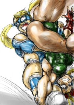 2girls ass blonde_hair braid braided_ponytail cammy_white capcom fighting fingerless_gloves gloves hair_ornament hairclip hat hey_(bluebell) leotard long_hair mask multiple_girls rainbow_mika scar scar_on_face street_fighter submission_hold twintails wrestler wrestling wrestling_outfit