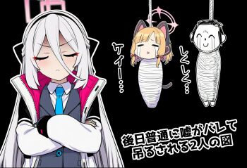 Rule 34 | 1boy, 2girls, absurdres, anger vein, angry, animal ear headphones, animal ears, black background, blonde hair, blue archive, blue necktie, blunt bangs, blush, cat ear headphones, cat ears, closed eyes, closed mouth, collared shirt, commentary request, cowboy shot, crossed arms, crying, deformed, doodle sensei (blue archive), double-parted bangs, facing viewer, fake animal ears, frown, hair between eyes, half updo, halo, headphones, highres, jacket, kei (blue archive), kei (new body) (blue archive), long hair, long hair between eyes, long sleeves, mama netorare dokokai, medium hair, momoi (blue archive), multiple girls, necktie, open clothes, open jacket, outline, pink halo, rectangular halo, school uniform, sensei (blue archive), shaded face, shirt, simple background, straight hair, streaming tears, tears, translation request, upper body, v-shaped eyebrows, very long hair, white hair, white jacket, white outline, white shirt