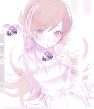 1girl araragi_koyomi art_program_in_frame back_bow bare_arms blonde_hair blush_stickers bow character_charm charm_(object) closed_mouth dot_nose dress dress_bow expressionless flat_chest flipped_hair hair_between_eyes hair_flaps hands_on_own_chest hands_up heart highres lace lace-trimmed_dress lace-trimmed_hair_ornament lace_background lace_trim legs_together light_blush long_hair looking_at_viewer monogatari_(series) mouth_hold neck_ribbon oshino_shinobu ribbon ringed_eyes simple_background sitting solo swept_bangs thighhighs unfinished upper_body very_long_hair wariza white_background white_dress white_thighhighs x_yo_1 yellow_eyes