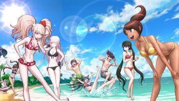 2boys 6+girls :d arms_up asahina_aoi bare_legs barefoot bent_over bikini black_gloves bow braid breasts brown_hair cleavage collarbone cosplay danganronpa:_trigger_happy_havoc danganronpa_(series) danganronpa_2:_goodbye_despair danganronpa_s:_ultimate_summer_camp danganronpa_v3:_killing_harmony day enoshima_junko enoshima_junko_(cosplay) feet_up freckles fukawa_toko gloves goggles hair_bow hair_ornament hair_scrunchie hairclip hand_in_own_hair hand_up happy harukawa_maki hat highres ikusaba_mukuro innertube kirigiri_kyoko large_breasts long_hair male_swimwear medium_breasts medium_hair mioda_ibuki momota_kaito monomi_(danganronpa) multiple_boys multiple_girls navel non-web_source official_art one_eye_closed open_mouth outdoors pale_skin pink_hair rabbit_hair_ornament red_bikini red_bow red_scrunchie scrunchie side_braid smile soda_kazuichi standing sun sunlight swim_ring swimsuit twintails water white_bow wrist_scrunchie yellow_bikini