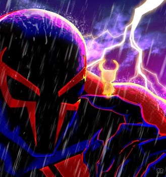 1boy alternate_design blue_bodysuit bodysuit claws cloud cloudy_sky commentary crossover english_commentary fingernails highres hollow_knight hollow_knight_(character) lightning male_focus marvel mask multicolored_bodysuit muscular muscular_male rain raynerahman red_bodysuit sharp_fingernails size_difference sky spider-man:_across_the_spider-verse spider-man_(2099) spider-man_(series) spider-verse storm superhero_costume two-tone_bodysuit