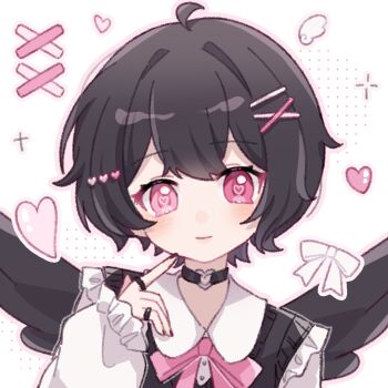 1girl ahoge black_choker black_hair black_vest black_wings bow bowtie choker closed_mouth collared_shirt commentary commission double-parted_bangs frilled_sleeves frills hair_intakes hair_ornament hairclip hand_up heart heart-shaped_pupils heart_o-ring highres looking_at_viewer o-ring o-ring_choker original outline pink_bow pink_bowtie pink_eyes pink_outline portrait shirt short_hair simple_background solo symbol-only_commentary symbol-shaped_pupils vest vgen_commission white_background white_bow white_shirt wings x_hair_ornament yukomeow
