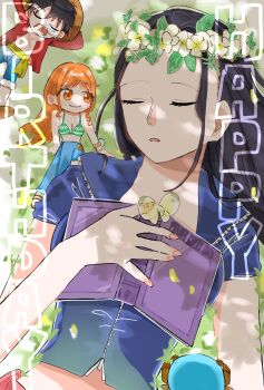 Rule 34 | 2boys, 2girls, antlers, bikini, bikini top only, black hair, blue jacket, blue shirt, book, bug, butterfly, closed eyes, commentary request, denim, grass, happy birthday, hat, high collar, highres, holding, holding book, horns, insect, jacket, jeans, log pose, long hair, looking at another, lying, monkey d. luffy, multiple boys, multiple girls, nami (one piece), nico robin, on back, one piece, orange eyes, orange hair, pants, reindeer antlers, sash, shirt, short sleeves, sleeping, smile, squeans, straw hat, swimsuit, tony tony chopper, yappptar, yellow sash