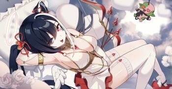 Rule 34 | artist request, bare shoulders, black hair, breasts, commentary request, garter belt, halo, heterochromia, highres, indie virtual youtuber, korean commentary, large breasts, multicolored hair, navel, purple eyes, rakoko (vtuber), red eyes, thighhighs, thighs, twintails, two-tone hair, white hair, white thighhighs