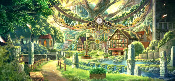 absurdres analog_clock building clock commentary commentary_request english_commentary european_architecture fantasy fence fountain gears highres mixed-language_commentary no_humans original outdoors path pillar pond road rua_keep_love scenery town tree wooden_fence