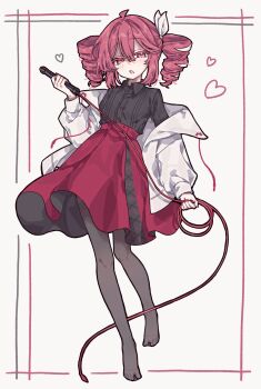alternate_costume black_shirt collared_shirt commentary_request drill_hair full_body heart highres holding holding_whip jacket kasane_teto long_sleeves looking_at_viewer no_shoes okura_0915 open_clothes open_jacket open_mouth pantyhose red_eyes red_hair red_skirt shirt skirt standing toes twin_drills utau whip white_background white_jacket