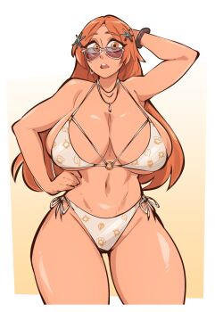 1girl bikini bleach bleach:_sennen_kessen-hen bracelet breasts brown_eyes brown_hair cleavage hair_ornament highres huge_breasts inoue_orihime jewelry long_hair looking_over_eyewear necklace orange_hair saucymojo side-tie_bikini_bottom sideboob sunglasses swimsuit thick_thighs thighs tinted_eyewear