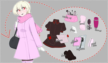 Rule 34 | 1girl, arrow (symbol), bag, black bag, black dress, black lips, blonde hair, border, cellphone, closed mouth, coat, dress, english text, gallaxi, gloves, grey background, hair brush, hat, magazine (object), notebook, nurse (gallaxi), nurse cap, outline, pencil case, phone, pink bag, pink coat, pink scarf, primamori clinic, red circle, red eyes, scarf, shoes, shoulder bag, simple background, smartphone, smile, socks, solo, symbol-shaped pupils, thermos, towel, white border, white gloves, white outline, white socks, x-shaped pupils
