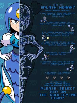 Rule 34 | 1girl, android, armor, blue armor, blue eyes, blue helmet, character name, drawfag, elbow gloves, english text, forehead jewel, full body, gem, gloves, hands on own hips, helmet, juliet sleeves, long sleeves, mechabare, mega man (classic), mega man (series), mega man 9, mermaid, monster girl, pixel art inset, polearm, puffy sleeves, smile, splash woman, split theme, sprite, trident, weapon, white gloves, yellow gemstone