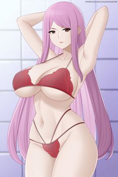 1girl aslindsamure bra breasts brown_eyes fairy_tail large_breasts long_hair panties pink_hair porlyusica underwear