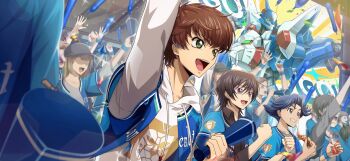 3boys black_eyes black_hair blue_hair brown_hair code_geass code_geass:_lost_stories f4samurai food game_cg green_eyes highres holding holding_food holding_pizza jacket knightmare_frame kururugi_suzaku lelouch_vi_britannia male_focus mecha multiple_boys official_art open_clothes open_jacket open_mouth pizza purple_eyes rivalz_cardemonde robot short_hair smile teeth