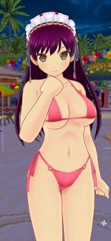 1girl 3d asamiya_athena balloon beach bikini breasts brown_eyes cleavage highres maid_headdress navel night o-ring o-ring_bikini palm_tree pink_bikini psycho_soldier purple_hair senran_kagura senran_kagura_new_link snk swimsuit the_king_of_fighters tree