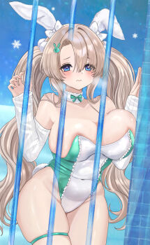 1girl absurdres animal_ear_hairband animal_ears bare_shoulders blue_eyes blush bow breasts brown_dust_(series) brown_dust_2 brown_hair cleavage closed_mouth collarbone commentary_request covered_navel cowboy_shot detached_sleeves fake_animal_ears fake_tail frilled_leotard frills green_bow green_leotard hair_between_eyes hair_ornament hairband highleg highleg_leotard highres large_breasts leotard long_hair looking_at_viewer official_alternate_costume parted_bangs playboy_bunny pom_pom_(clothes) pom_pom_hair_ornament rabbit_ear_hairband rabbit_ears rabbit_hair_ornament rabbit_tail ribbed_sleeves sidelocks skindentation snowflakes solo standing strapless strapless_leotard sunameri_(pixiv3564245) tail thigh_strap twintails tyr_(brown_dust) very_long_hair white_bow white_leotard white_sleeves