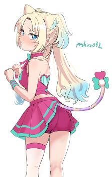 Rule 34 | 1girl, animal ears, backless shirt, bare shoulders, bike shorts, bike shorts under skirt, blonde hair, blue eyes, blue hair, blush, breasts, cat ears, commentary, embarrassed, ereka, from behind, heart, highres, kemonomimi mode, link! like! love live!, long hair, looking at viewer, love live!, medium breasts, midriff, miniskirt, nose blush, official alternate costume, osawa rurino, paw pose, pink shirt, pink shorts, pink skirt, pleated skirt, shirt, shorts, single thighhigh, skirt, sleeveless, sleeveless shirt, solo, standing, sweatdrop, tail, thighhighs, twintails, twitter username, virtual youtuber, wawo! (love live!), white thighhighs