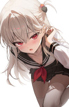 1girl absurdres blonde_hair blush braid commentary danha fang hair_ornament highres long_hair looking_at_viewer mole mole_under_eye original pink_nails pleated_skirt red_eyes school_uniform serafuku simple_background skirt solo thighhighs white_background white_thighhighs