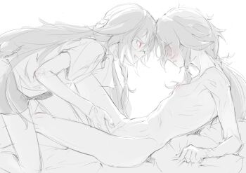 2girls absurdres breasts cleavage clothed_female_nude_female commentary english_commentary eudaemonm fingering fu_hua greyscale herrscher_of_sentience highres honkai_(series) honkai_impact_3rd long_hair monochrome multiple_girls nude open_mouth red_eyes shirt short_sleeves shorts small_breasts spot_color yuri