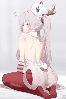 1girl arm_warmers armpits back backless_sweater bare_shoulders breasts clothing_cutout commentary deyui dress english_commentary full_body fur_hat grey_background hat heart heart-shaped_pupils highres horned_hat knit_sweater large_breasts laru_(snowish)_(stella_sora) laru_(stella_sora) looking_at_viewer looking_back median_furrow official_alternate_costume pantyhose papakha red_pantyhose shoulder_blades sideboob simple_background sitting sleeveless sleeveless_sweater smile solo stella_sora striped_arm_warmers sweater sweater_dress symbol-shaped_pupils tail tail_through_clothes twintails white_arm_warmers