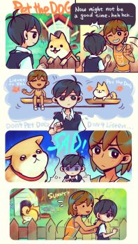 Rule 34 | 2boys, black eyes, black hair, black sweater vest, bowl, bright pupils, brown hair, chibi, closed mouth, collarbone, collared shirt, dark-skinned male, dark skin, day, dog, doghouse, english text, fence, grin, hector (omori), highres, kel (faraway) (omori), kel (omori), laser-lance, looking at another, male focus, multiple boys, omori, one eye closed, orange shorts, outdoors, parted lips, pet bowl, picket fence, pinwheel, shirt, short hair, short sleeves, shorts, smile, speech bubble, sunny (omori), sweater vest, teeth, thought bubble, white pupils, white shirt, wooden fence