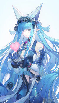 1girl absurdres arknights arknights:_endfield bare_shoulders blue_bodysuit blue_gloves blue_hair bodysuit breasts check_clothing clothing_cutout clothing_request commentary_request cowboy_shot echj gloves hands_up headdress heart highres last_rite_(arknights) long_hair long_pointy_ears long_sidelocks looking_at_viewer medium_breasts navel orange_eyes parted_lips pointy_ears revision side_cutout sidelocks sleeveless sleeveless_bodysuit smile solo stomach_cutout very_long_hair