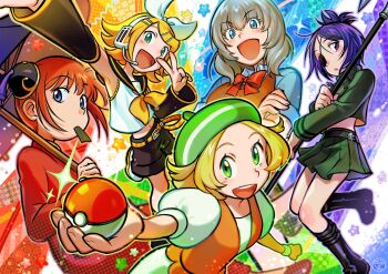 5girls :d belt beret bianca_(pokemon) binbougami_ga! blonde_hair blue_eyes bow bow_hairband bowtie chrome_dokuro commentary crossover detached_sleeves elizabeth_(tomas21) eyepatch full_body gintama green_eyes green_hat hairband happy hat headset highres holding holding_poke_ball kagamine_rin kagura_(gintama) katekyo_hitman_reborn! miniskirt mouth_hold multiple_crossover multiple_girls nintendo open_mouth orange_hair orange_vest pleated_skirt poke_ball poke_ball_(basic) pokemon pokemon_black_and_white red_bow red_bowtie redrawn sakura_ichiko school_uniform shorts skirt smile sparkle teeth upper_teeth_only v vest vocaloid white_hairband