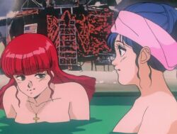 Rule 34 | 2girls, 80s, animated, anime screenshot, bathhouse, blue hair, breasts, collarbone, completely nude, cross, cross necklace, dark nipples, eyebrows hidden by hair, green eyes, gunbuster, indoors, interior, jewelry, jung freud, long hair, looking at another, medium breasts, multiple girls, navel, necklace, nipples, nude, oldschool, pov, red hair, retro artstyle, tagme, top wo nerae!, top wo nerae! (series), towel, video, water