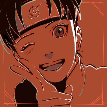 Rule 34 | 1girl, double bun, forehead protector, hair bun, headband, highres, konohagakure symbol, naruto (series), naruto shippuuden, o hqfu, one eye closed, open mouth, orange theme, portrait, smile, solo, tenten (naruto), w