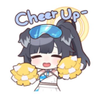 1girl animal_ears animated animated_png black_hair blue_archive cheerleader chibi chibi_only closed_eyes dog_ears dog_girl english_text eyewear_on_head facing_viewer goggles goggles_on_head halo hibiki_(blue_archive) hibiki_(cheer_squad)_(blue_archive) line_sticker_available long_hair lowres millennium_cheerleader_outfit_(blue_archive) non-repeating_animation non-web_source official_alternate_costume official_art open_mouth pom_pom_(cheerleading) simple_background skirt smile solo transparent_background yellow_eyes