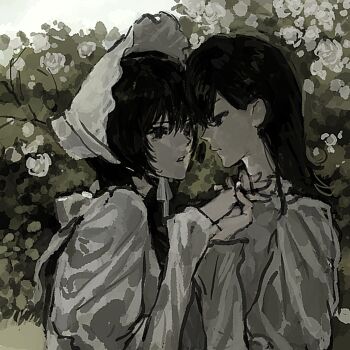 2girls black_eyes black_hair bonnet bush capekachuu dress flower highres holding_hands juliet_sleeves long_hair long_sleeves looking_at_another multiple_girls original outdoors parted_lips puffy_sleeves rose upper_body white_dress white_flower yuri