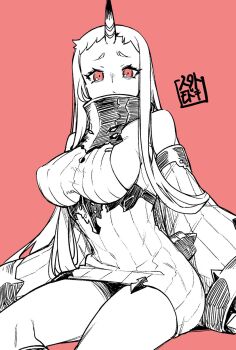 1girl abyssal_ship bare_shoulders breasts closed_mouth commentary_request cowboy_shot detached_sleeves dress highres horns jingai_modoki kantai_collection large_breasts long_hair looking_at_viewer multiple_girls oversized_forearms oversized_limbs red_background red_eyes ribbed_dress ribbed_sweater seal_impression seaport_princess short_dress sideboob simple_background single_horn sitting sleeveless sleeveless_dress sleeveless_sweater solo spot_color sweater sweater_dress very_long_hair