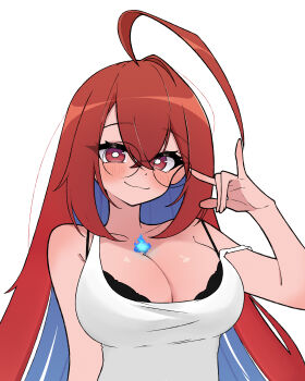 1girl \m/ absurdres aeulos357 ahoge bare_arms bare_shoulders black_bra blue_fire blush bra breasts cleavage closed_mouth colored_inner_hair elizabeth_rose_bloodflame fire fire_on_chest glasses hair_between_eyes highres hololive hololive_english huge_ahoge large_breasts long_hair looking_at_viewer multicolored_hair off-shoulder_shirt off_shoulder round_eyewear shirt smile solo tank_top underwear virtual_youtuber white_background white_tank_top