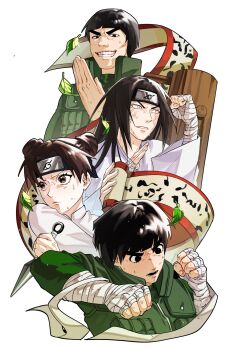 1girl 3boys bagyuli271 bandaged_arm bandages black_eyes black_hair bowl_cut brown_hair byakugan closed_mouth double_bun eyelashes flak_jacket forehead_protector hair_bun highres holding holding_scroll hyuuga_neji jacket konohagakure_symbol kunai leaf long_hair long_sleeves might_guy multiple_boys naruto_(series) naruto_shippuuden open_mouth rock_lee scroll shirt short_hair smile sweat teeth tenten_(naruto) thick_eyebrows upper_body weapon white_shirt