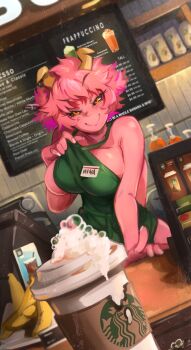 1girl absurdres acid apron apron_lift ashido_mina banana black_sclera blush boku_no_hero_academia breasts cafe clothes_lift colored_sclera colored_skin disposable_coffee_cup disposable_cup food fruit highres horns iced_latte_with_breast_milk_(meme) khyle. large_breasts meme milk monster_girl naked_apron pink_hair pink_skin smile solo starbucks tagme yellow_eyes