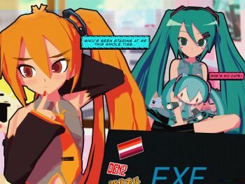 2girls 3d absurdres akita_neru animasa_model_(mikumikudance) aqua_eyes aqua_hair aqua_necktie black_sleeves blonde_hair blush blush_stickers cameo character_doll commentary computer doko_demo_issyo doll english_commentary english_text grey_shirt hair_between_eyes hair_ornament hatsune_miku highres index_finger_raised indian_style indoors inoue_toro kio_(majin_kz) laptop lesbian_flag long_hair mikumikudance_(medium) multiple_girls necktie shirt side_ponytail sitting smile sticker twintails very_long_hair vocaloid yellow_necktie yuri