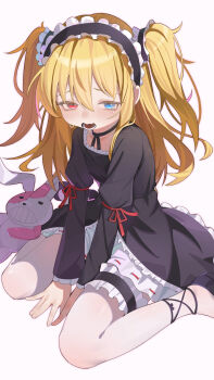 1girl absurdres arms_between_legs between_legs black_dress black_hairband black_shoes blonde_hair blue_eyes blush boku_wa_tomodachi_ga_sukunai candy child chinese_commentary chocolate chocolate_heart choker commentary_request crying crying_with_eyes_open dress food food_in_mouth frilled_dress frilled_hairband frills gothic_lolita hair_between_eyes hairband hasegawa_kobato heart heart-shaped_food heterochromia highres kilireo lolita_fashion lolita_hairband long_hair long_sleeves looking_at_viewer mouth_hold open_mouth pantyhose puffy_sleeves red_eyes ribbon shoes simple_background sitting solo stuffed_animal stuffed_rabbit stuffed_toy tears two_side_up wariza white_background white_pantyhose
