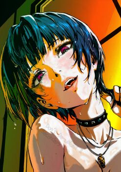 absurdres black_choker blue_hair choker highres jewelry licking_lips makeup necklace nude oeilvert_fft open_mouth persona persona_5 pink_eyes runny_makeup sweat sweatdrop takemi_tae tongue tongue_out twirling_hair